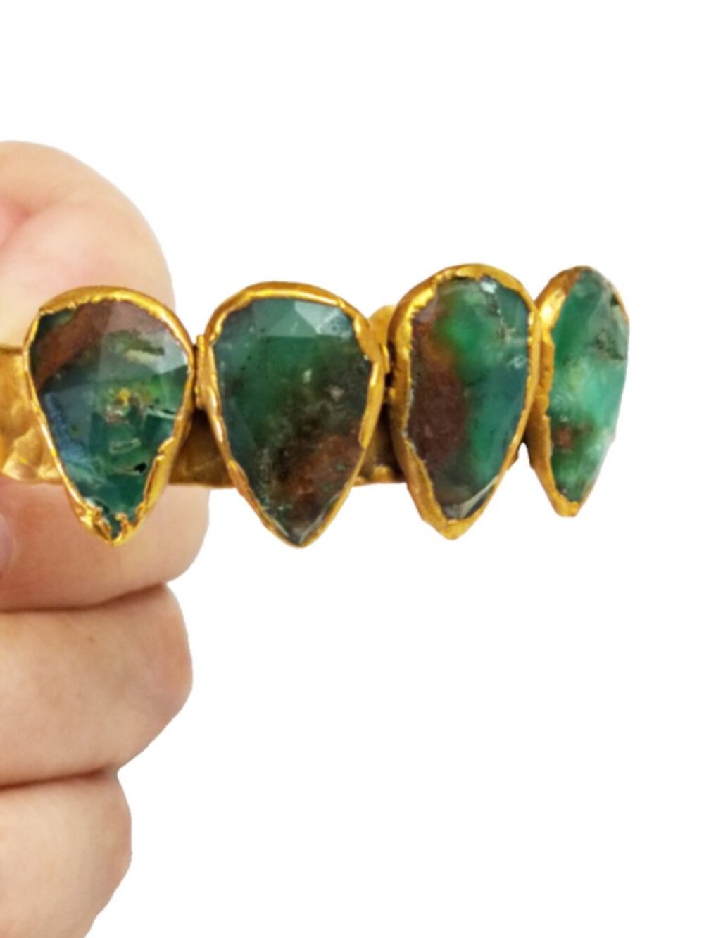 Hammered Cuff Bracelet Gold-Tone Bezel-Set Green Stones Jasper Moss Agate - Picture 5 of 5
